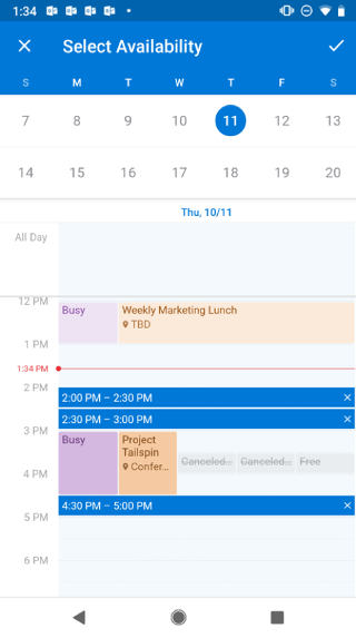 Shows a calendar on an Android screen. Above the calendar, it says "Select Availability" and there's a checkmark button to the right of that.