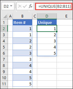 Example of using =UNIQUE(B2:B11) to return a unique list of numbers