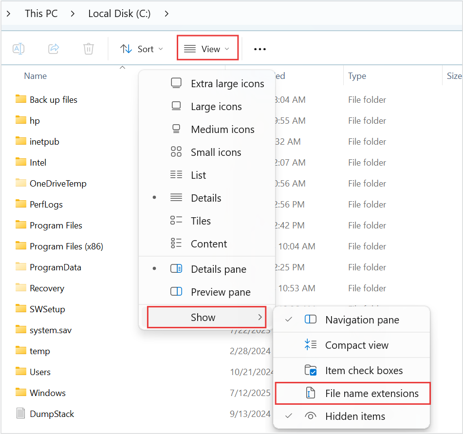 Screenshot showing the location of File name extension
