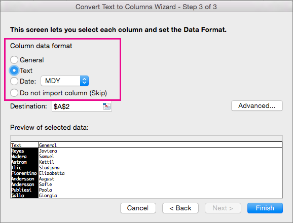 Step 3 in the wizard, Text option selected