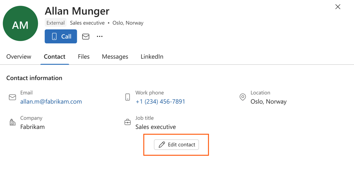 A profile card showing contact information for a sample contact, highlighting the "Edit Contact" button in the bottom.