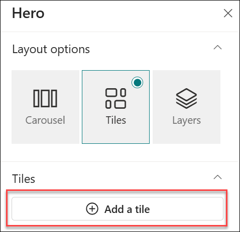 screenshot of Add a tile for hero web part