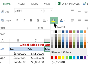 the fill button and options on the Ribbon