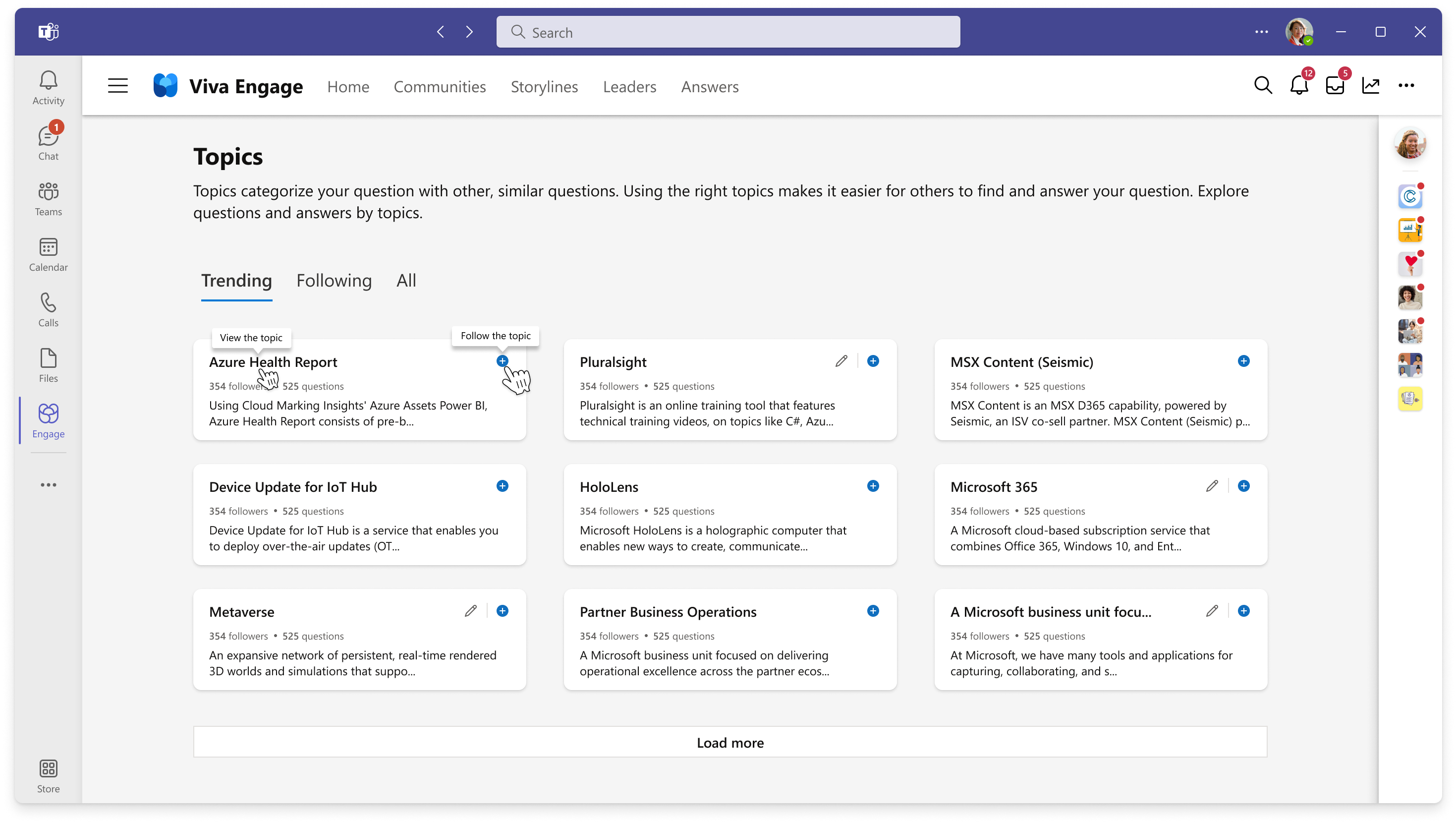 View of the Topics directory in Answers in Viva Engage