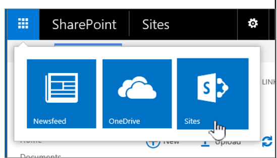 SharePoint app launcher with sites highlighted