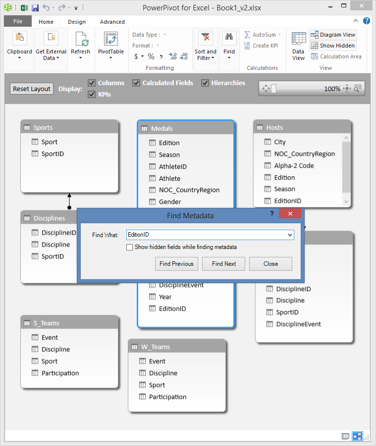 Using Find in Power Pivot Diagram View