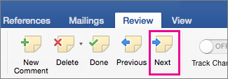 On the Review tab, in the Comments section, Next Comment is hightlighted
