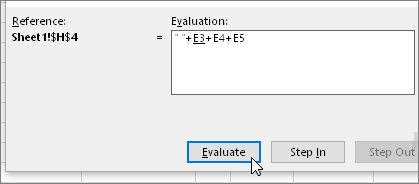Evaluate formula dialog with " "+E3+E4+E5