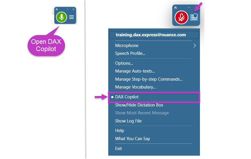 On left, Dragon mic with "Open DAX Copilot" chat bubble. On right, DAX Copilot highlighted in DragonBar menu.