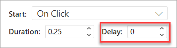 The Delay field when applying an animation in PowerPoint on the web.