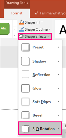Shows the 3-D rotation option in the Shape Effects menu of PowerPoint 2016.