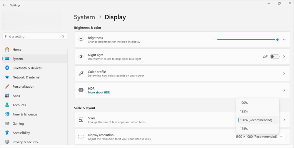 Screenshot of resizing the scaling option in WIndows 11