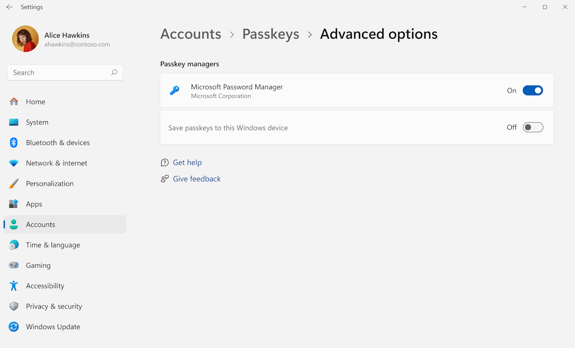 Screenshot of Windows Settings showing Advanced options for passkeys.