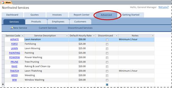 Advanced tab of the Services database template