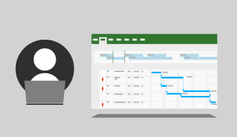 Symbol of a person with a computer screen next to a Gantt chart illustration