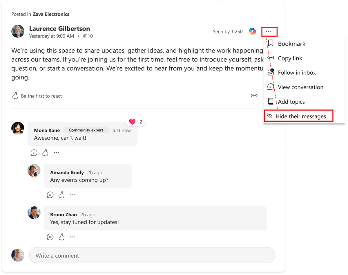 Hide a user in a conversation thread. This action still hides communications in all contexts of Engage.