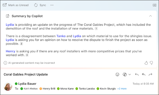 Email thread summary with citations created by Copilot