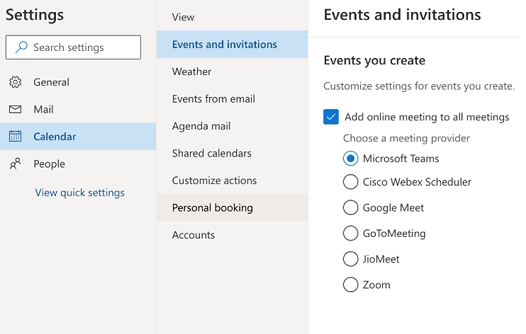 Outlook on the web - select default online meeting provider