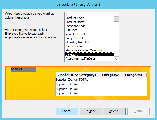 Select a field to display as row headings on the Crosstab query wizard.