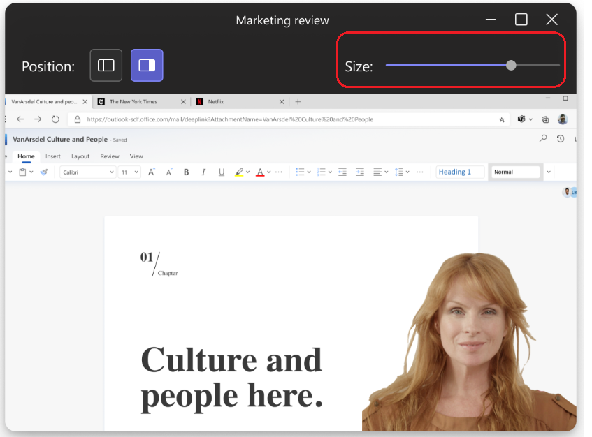 Image showing the size slider at the top of the page in presenter mode.