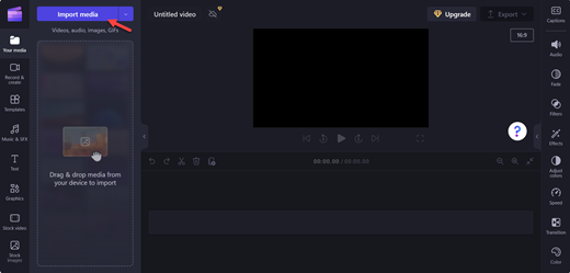 A screenshot of a Clipchamp editor's page with a pointer on the Import media button