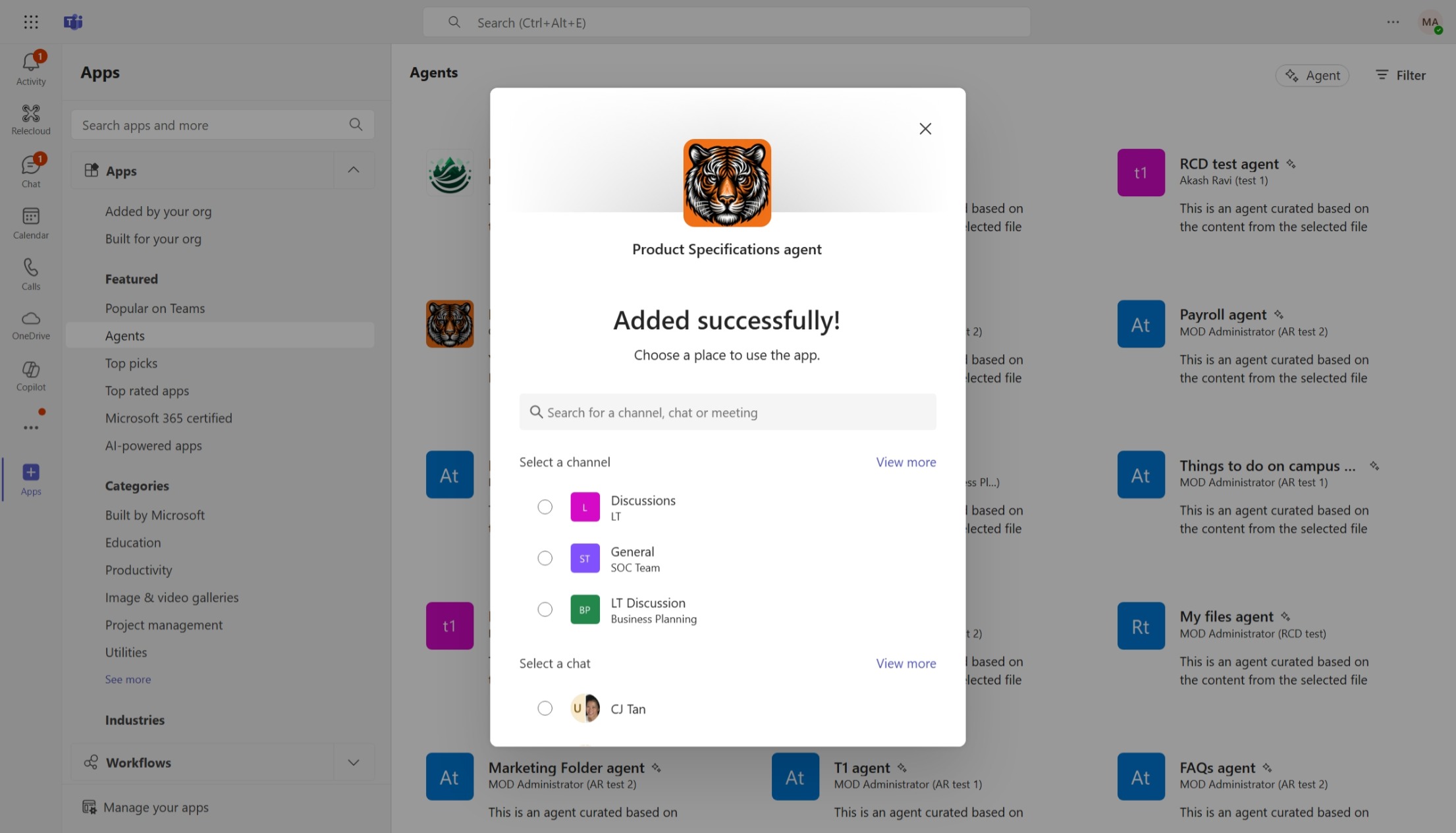 Selecting group to add an agent from the Teams store