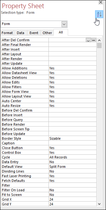 Screenshot of Access property sheet with properties sorted alphabetically