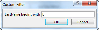 The Custom Filter dialog box with the letter "L" entered.