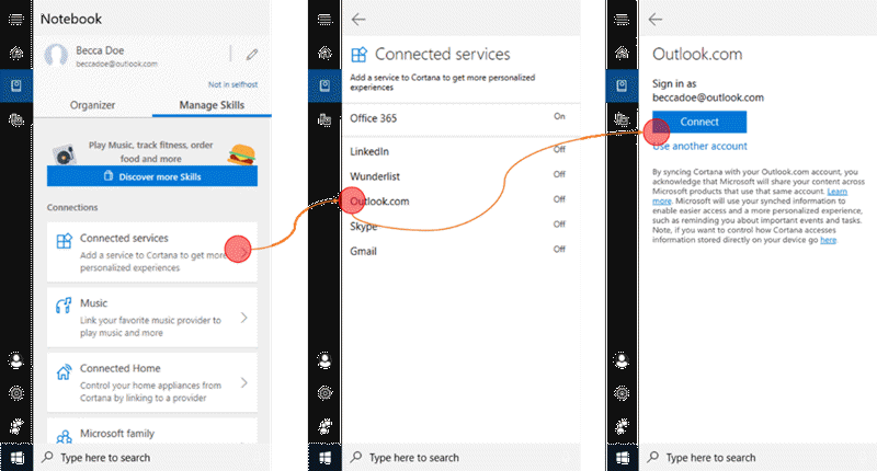 Screenshot with Cortana open on Windows 10 and the Connected services menu open.