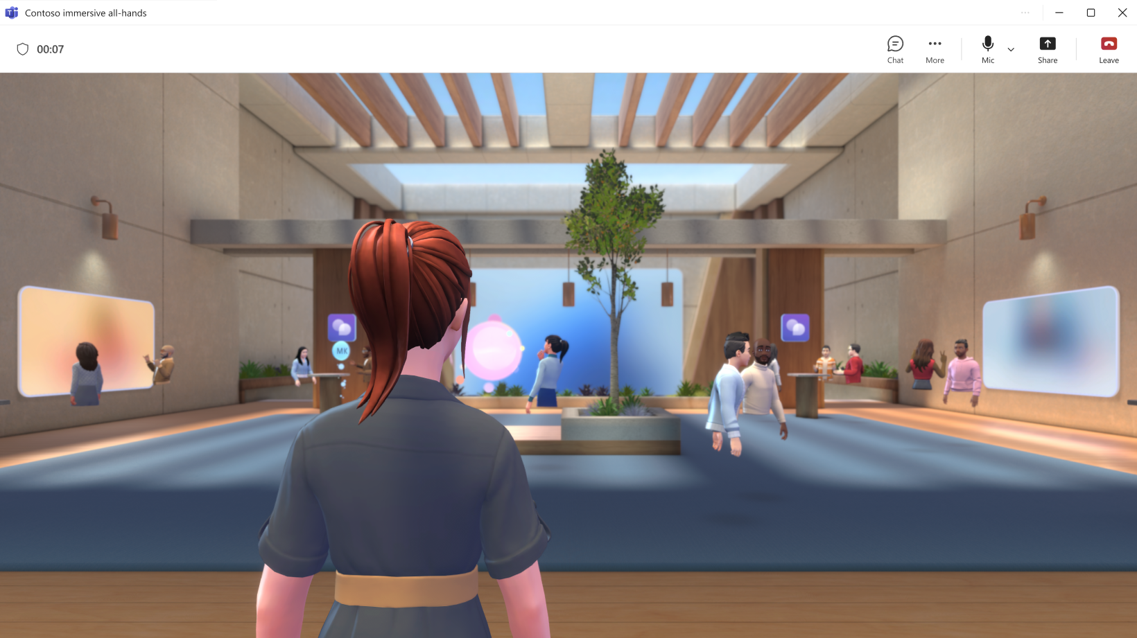 Image of several avatars standing and talking in an Immersive event environment.