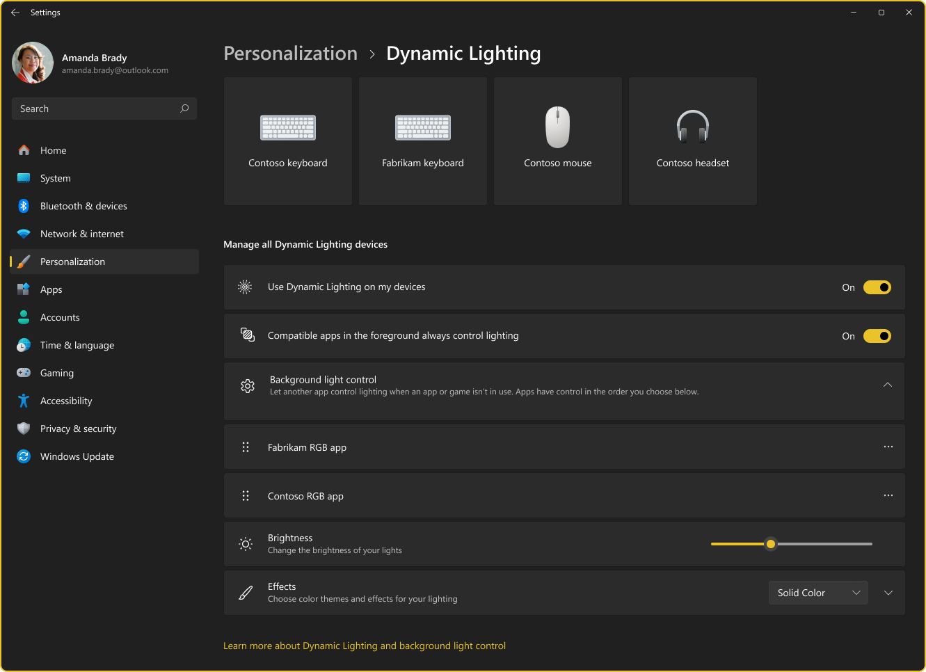 Screenshot of Settings - Dynamic Lighting page.
