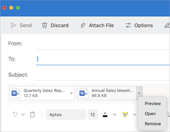 Attachments appear near the subject line. Select the down arrow next to the attachment name to preview, open or remove it.
