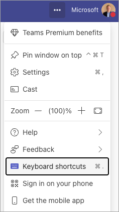 Screenshot of the Microsoft Teams "Setting and more" menu highlighting the Keyboard shortcuts option.