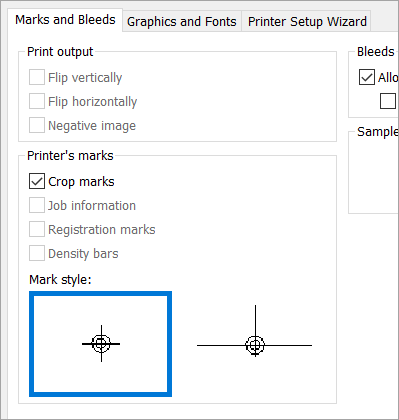 Select the Crop marks check box on the Marks and Bleeds tab