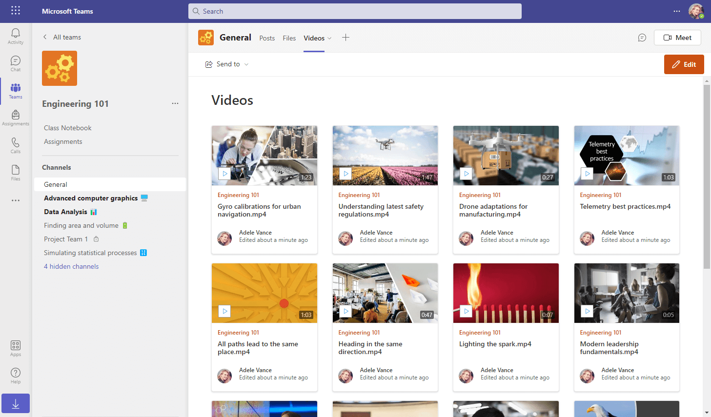 Videos tab in a Teams channel showing thumbnails of recent videos from the team's files