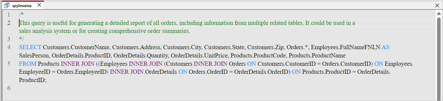 An example of comments in the monaco sql editor