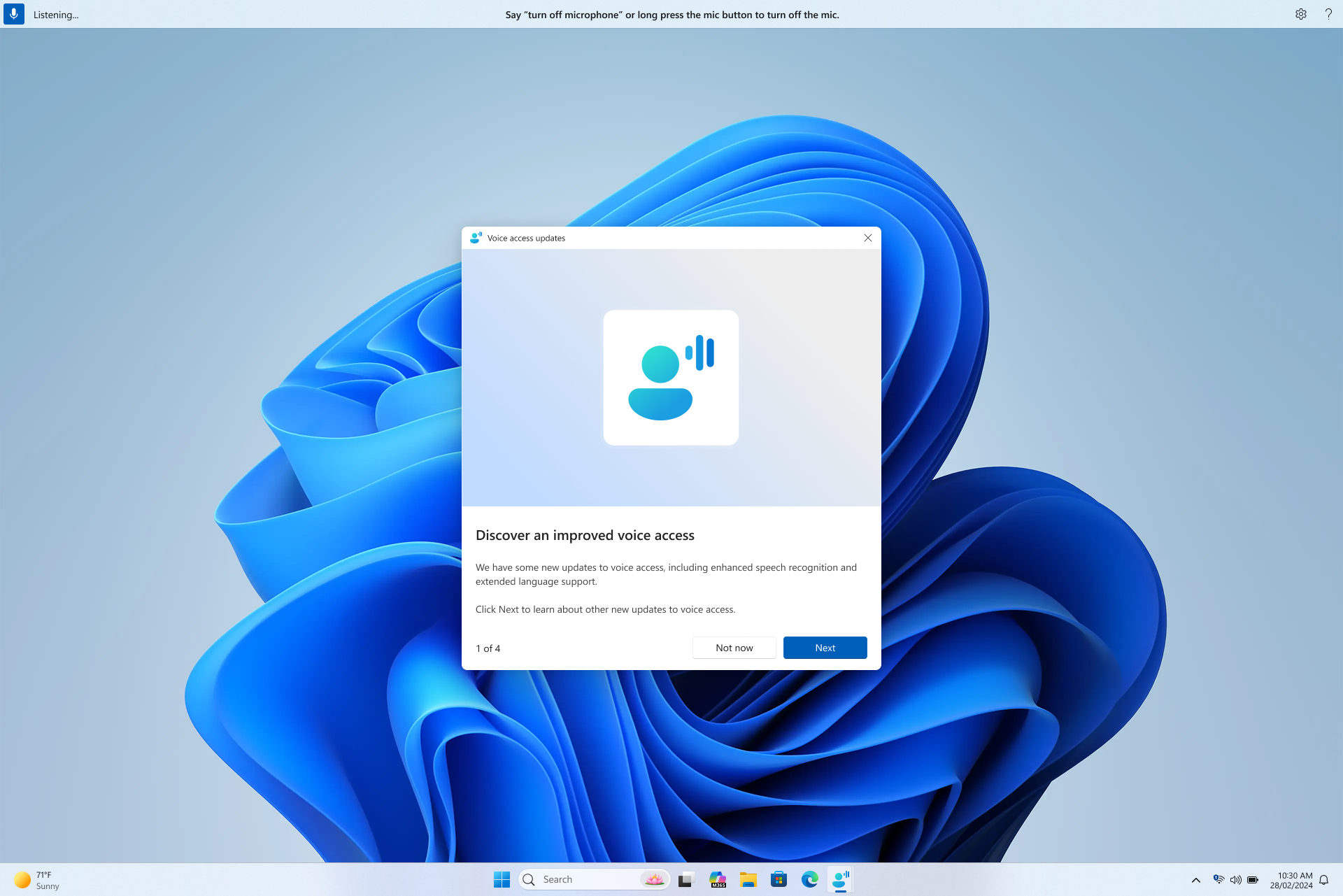 Voice access updates window with Next and Skip now buttons.