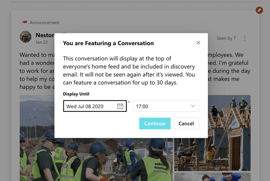 Screenshot showing a Yammer featured conversation being scheduled