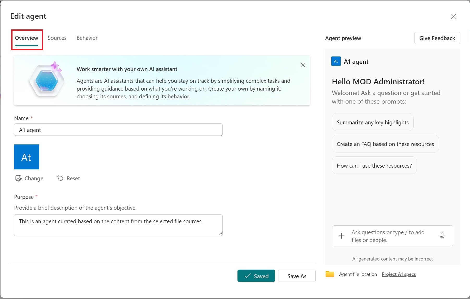 Screenshot of editing an agent's identity and overview