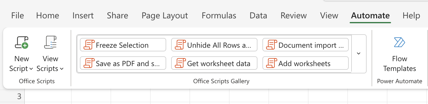 Select a script from the Office Scripts Gallery or with View Scripts.