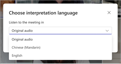 Screenshot showing the Choose interpretation language dropdown menu in Microsoft Teams.