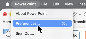 Mac app preferences menu item selected.