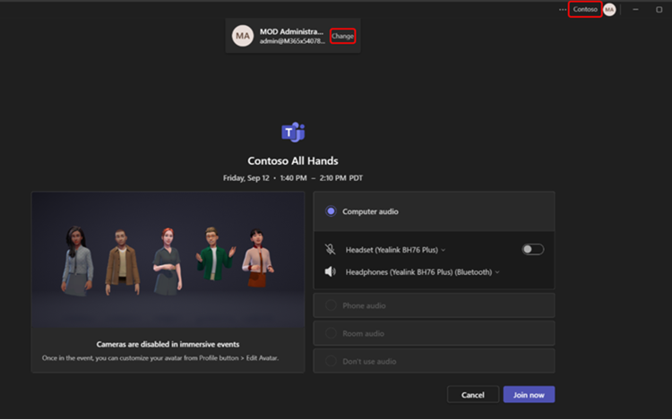 Screenshot showing how to switch orgs in Teams pre-join screen.