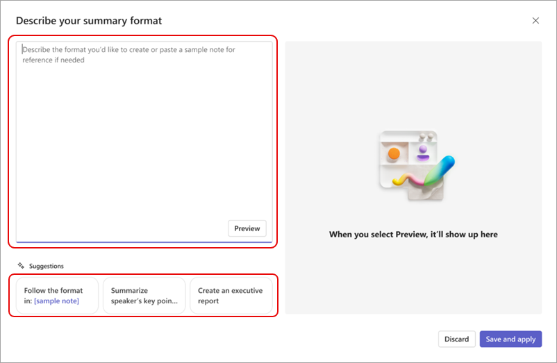 Screenshot highlighting the text box where you can describe your custom recap summary format.