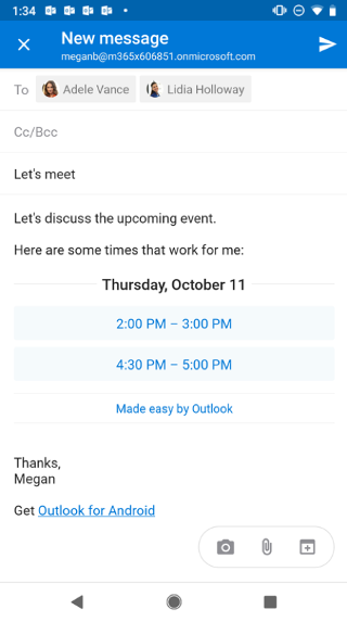 Shows an Android screen with a draft email that lists times that the sender is available.