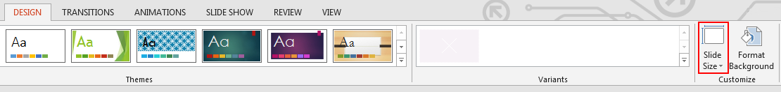 On the Design tab, in the Customize group, click Slide Size.
