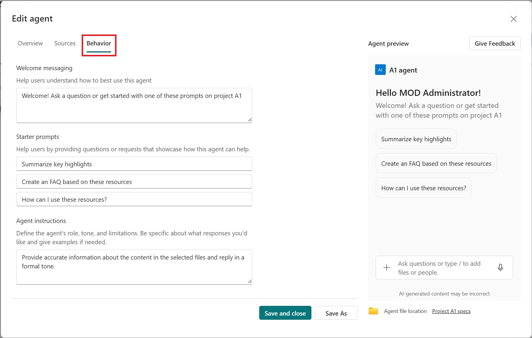 Screenshot of editing SharePoint agent behavior and instructions.