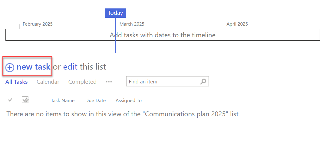 Task timeline, click New + to add tasks
