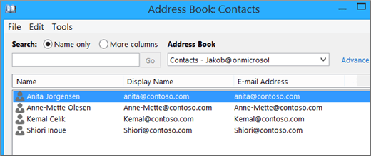 When your contacts are imported from Google Gmail to Office 365, you'll see them listed in Address Book: Contacts