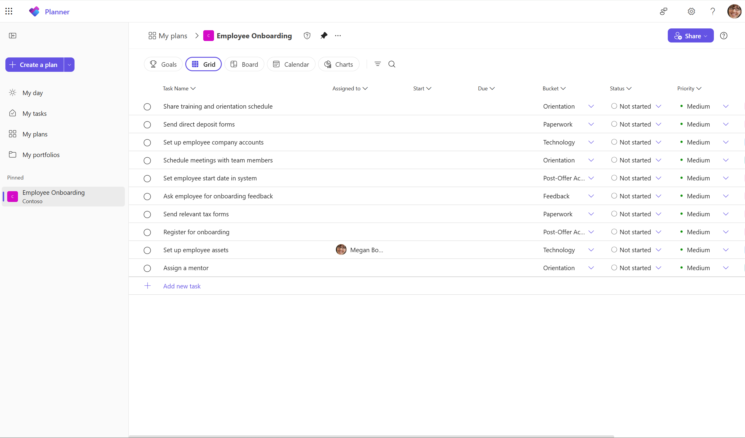 A screenshot of a plan in Planner in Teams shows the Grid view of a team’s tasks organized in a list.